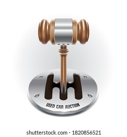 Used car auction symbol in the form of a manual gearbox with a handle from an auction hammer.