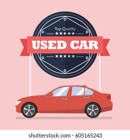 Used car with banner. Flat style vector illustration