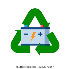 Batería de autos usados con símbolo de reciclaje verde. Residuos de equipos eléctricos y electrónicos. Ordenación de la basura. Desechos cero, concepto de protección del medio ambiente. Ilustración del vector