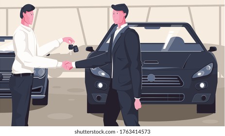 Composición plana del vendedor de coches usado con personajes humanos del gestor de concesionarios de automóviles estrechando manos con la ilustración del vector comprador