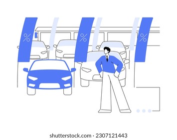 Used car dealership abstract concept vector illustration. Auto seller offers buying used cars, selling transport, dealership service, distributorship company, vehicles for sale abstract metaphor.