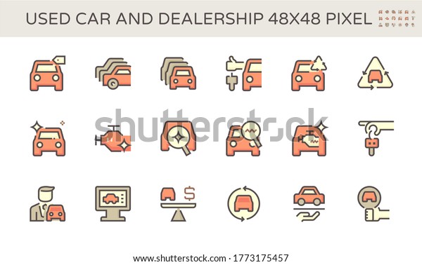 Used car and dealership vector icon set\
design, 48X48 pixel perfect and editable\
stroke.