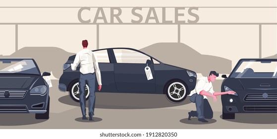 Used car market flat composition of editable text automobile silhouettes and different models with buyer characters vector illustration