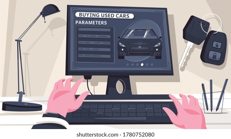 Gebrauchte Auto-Online-flache Zusammensetzung mit menschlichen Händen am Arbeitsplatz mit Computer und Online-Markt Vektorgrafik