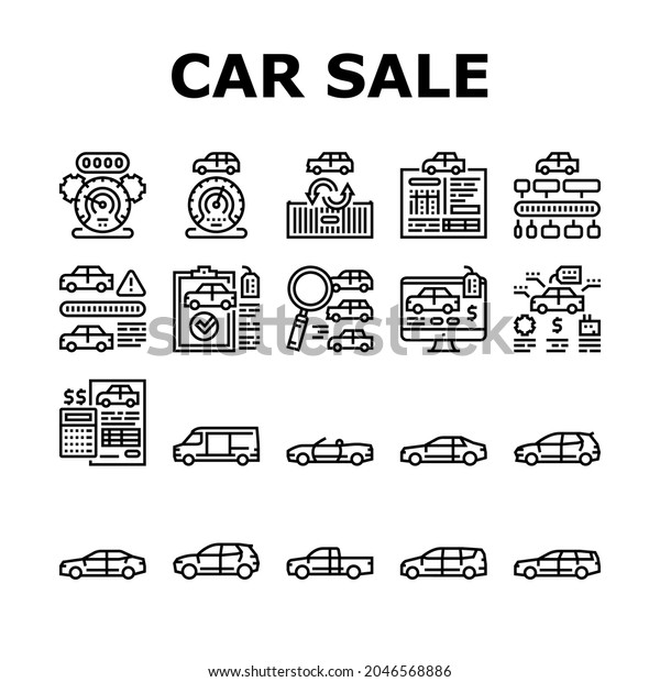 Used Car Sale Automobile Service Icons Set\
Vector. Used Car Import And Selling, Checking Vine Code And History\
Line. Cargo Van And Truck, Suv And Sedan Buying Online Black\
Contour Illustrations
