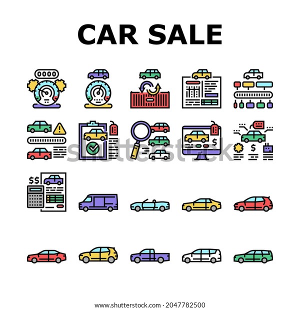 Used Car\
Sale Automobile Service Icons Set Vector. Used Car Import And\
Selling, Checking Vine Code And History Line. Cargo Van And Truck,\
Suv And Sedan Buying Online Color\
Illustrations