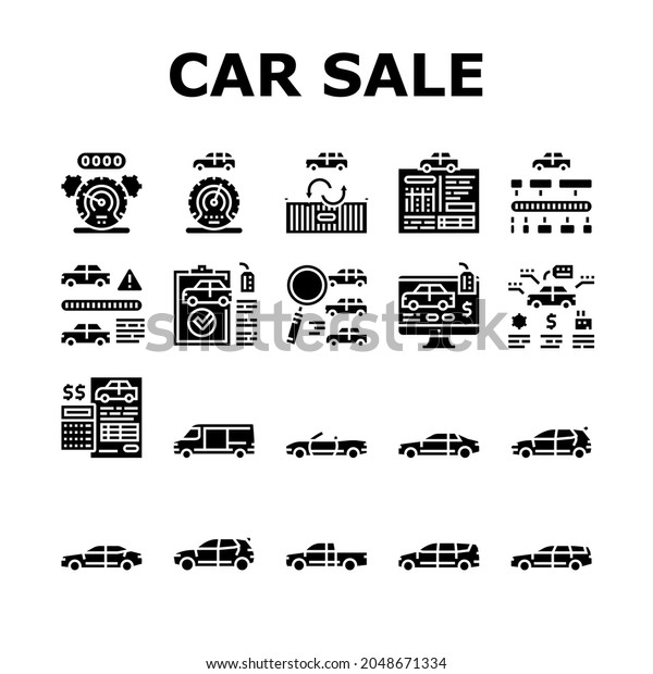 Used Car Sale Automobile Service Icons Set\
Vector. Used Car Import And Selling, Checking Vine Code And History\
Line. Cargo Van And Truck, Suv Sedan Buying Online Glyph Pictograms\
Black Illustrations