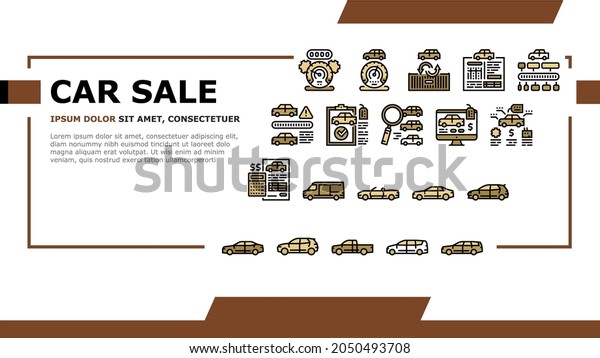 Used Car Sale Automobile Service Landing Web\
Page Header Banner Template Vector. Used Car Import And Selling,\
Checking Vine Code And History Line. Cargo Van And Truck, Suv Sedan\
Buying Illustration
