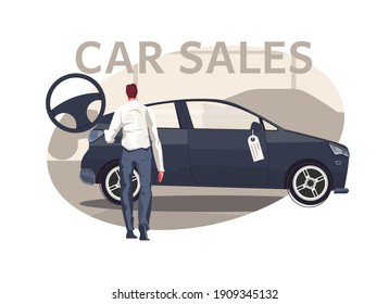Used car sale composition with human character images of automobile and steering wheel with text vector illustration