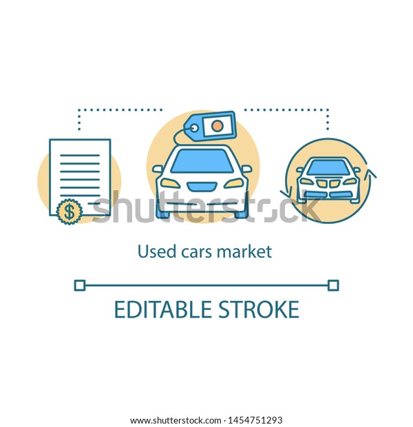 Used cars market concept icon. Taxi ordering idea\
thin line illustration. Auto rent, buy, sale. Car hiring.\
Automobile leasing. Car showroom. Vector isolated outline drawing.\
Editable stroke