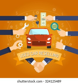 Used cars reselling concept with hands holding keys and money flat vector illustration