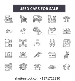 Used cars for sale line icons, signs set, vector. Used cars for sale outline concept, illustration: used,car,vehicle,sale,automobile,deauto,transportation,service