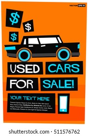 Used Cars For Sale! With Text Box (Flat Style Vector Illustration Poster Design)