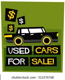 Used Cars For Sale! With Text Box (Flat Style Vector Illustration Poster Design)