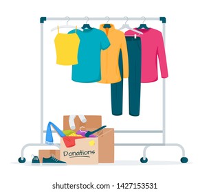 Used clothes donation flat vector illustration. Cheap and free garment. Second hand shop, flea market goods. Trousers, jackets hanging on rack. Men, women wear thrift store. Box with belongings