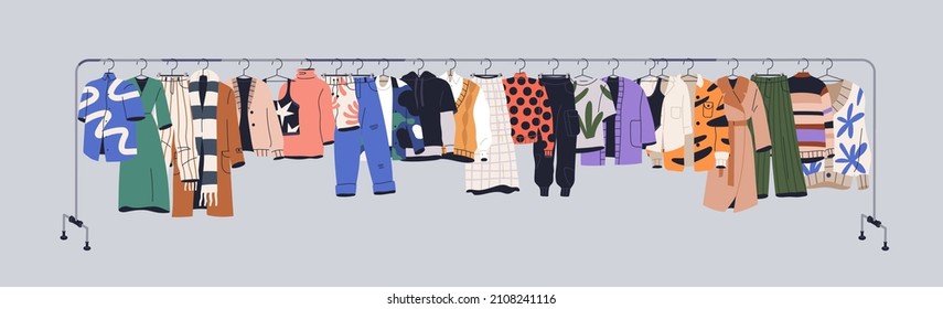 Used clothes on racks, hanging on secondhand store hanger rail. Garments mix on sale. Apparel leftovers assortment in stock shop, charity market. Isolated colored flat vector illustration of wearings