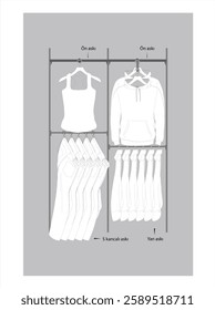 Used clothes on racks, hanging on secondhand store hanger rail. Garments mix on sale. Apparel leftovers assortment in stock shop, charity market. Isolated colored flat vector illustration of wearings