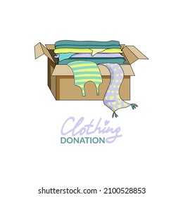Used clothes in paper box, donation box, insulated on white, used donation shirts and drawer boxes, donation in closed box, used clothing pile, clip art used clothes. Flat style vector.