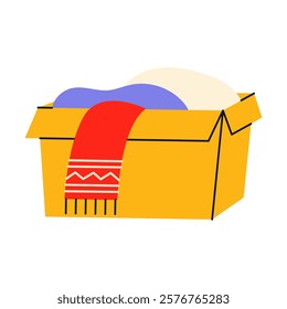 Used clothing in a box. Second hand. Reuse and zero waste concept. Flat vector illustration.