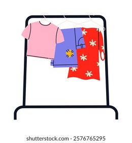 Used clothing with a defects on a hanger. Second hand. Reuse and zero waste concept. Flat vector illustration.