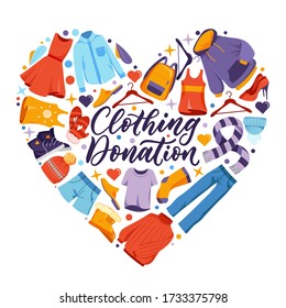 Used clothing donation, banner or poster with hand drawn calligraphy lettering. Clothes in heart shape, vector icons and design elements. Social humanitarian aid and charity concept