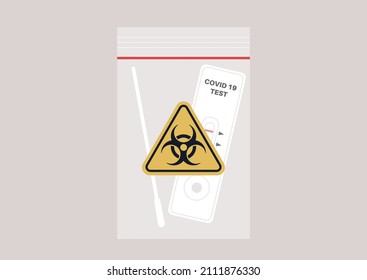 Used coronavirus rapid test kit in a plastic zip bag with a yellow triangle biohazard logo