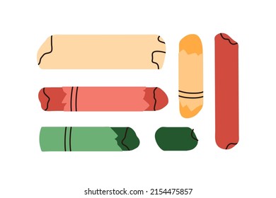 Used crayon sticks of different pigment, colour. Broken chalks for painting, drawing. Wax pastel pieces assortment. Art supplies, stationery. Flat vector illustration isolated on white background