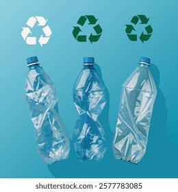 used crushed pet plastic bottles on blue background