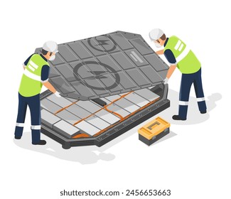 Used deteriorated electric EV car Electric Vehicle old lithium battery module to recycle and reuse management eco green concept isometric isolated cartoon