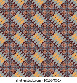 Used as digital wallpaper and technology background. Abstract vector geometry surfaces, lines and points seamless pattern in gray, brown and orange tones.