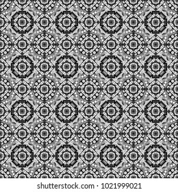 Used as digital wallpaper and technology background. Abstract vector geometry surfaces, lines and points seamless pattern in gray, black and white tones.