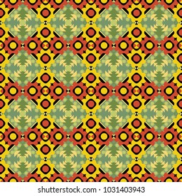 Used as digital wallpaper and technology background. Abstract vector geometry surfaces, lines and points seamless pattern in orange, green and yellow tones.