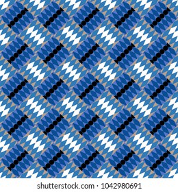 Used as digital wallpaper and technology background. Abstract vector geometry surfaces, lines and points seamless pattern in beige, blue and white tones.
