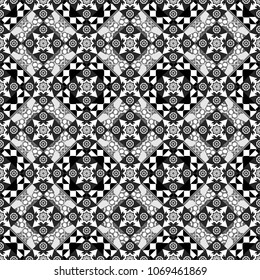 Used as digital wallpaper and technology background. Abstract vector geometry surfaces, lines and points seamless pattern in gray, black and white tones.