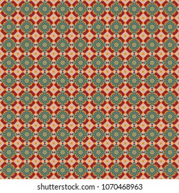 Used as digital wallpaper and technology background. Abstract vector geometry surfaces, lines and points seamless pattern in blue, red and yellow tones.