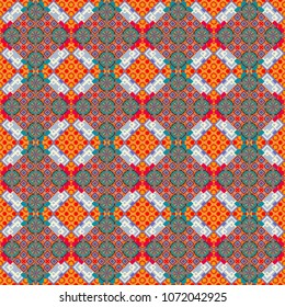 Used as digital wallpaper and technology background. Abstract vector geometry surfaces, lines and points seamless pattern in blue, brown and orange tones.