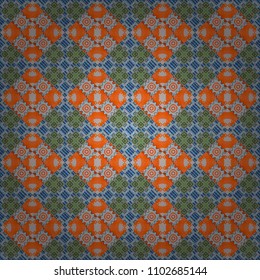 Used as digital wallpaper and technology background. Abstract vector geometry surfaces, lines and points seamless pattern in blue, orange and gray tones.