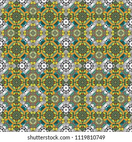 Used as digital wallpaper and technology background. Abstract vector geometry surfaces, lines and points seamless pattern in yellow, blue and gray tones.