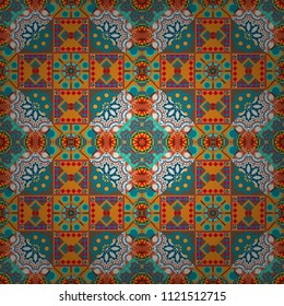 Used as digital wallpaper and technology background. Abstract vector geometry surfaces, lines and points seamless pattern in blue, orange and brown tones.