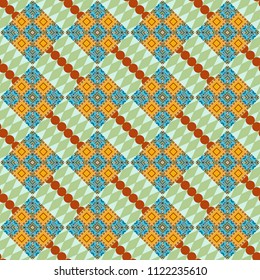 Used as digital wallpaper and technology background. Abstract vector geometry surfaces, lines and points seamless pattern in neutral, green and orange tones.