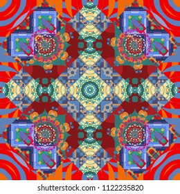 Used as digital wallpaper and technology background. Abstract vector geometry surfaces, lines and points seamless pattern in blue, red and orange tones.
