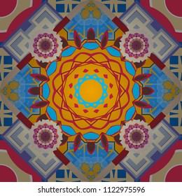 Used as digital wallpaper and technology background. Abstract vector geometry surfaces, lines and points seamless pattern in yellow, beige and blue tones.