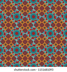 Used as digital wallpaper and technology background. Abstract geometry surfaces, lines and points seamless pattern in blue, black and orange tones.