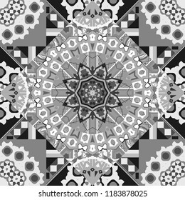 Used as digital wallpaper and technology background. Abstract vector geometry surfaces, lines and points seamless pattern in black, white and gray tones.