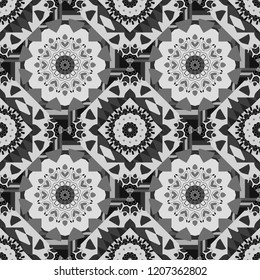 Used as digital wallpaper and technology background. Abstract vector geometry surfaces, lines and points seamless pattern in gray, black and white tones.