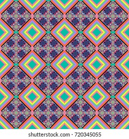 Used as digital wallpaper and technology background. Abstract vector geometry surfaces, lines and points seamless pattern in violet, green and orange tones.