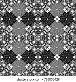 Used as digital wallpaper and technology background. Abstract vector geometry surfaces, lines and points seamless pattern in black, white and gray tones.