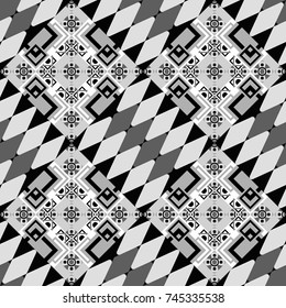 Used as digital wallpaper and technology background. Abstract vector geometry surfaces, lines and points seamless pattern in white, gray and black tones.
