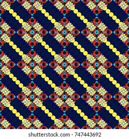 Used as digital wallpaper and technology background. Abstract vector geometry surfaces, lines and points seamless pattern in black, blue and brown tones.