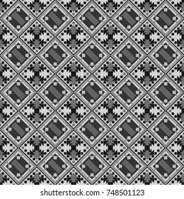 Used as digital wallpaper and technology background. Abstract vector geometry surfaces, lines and points seamless pattern in black, white and gray tones.